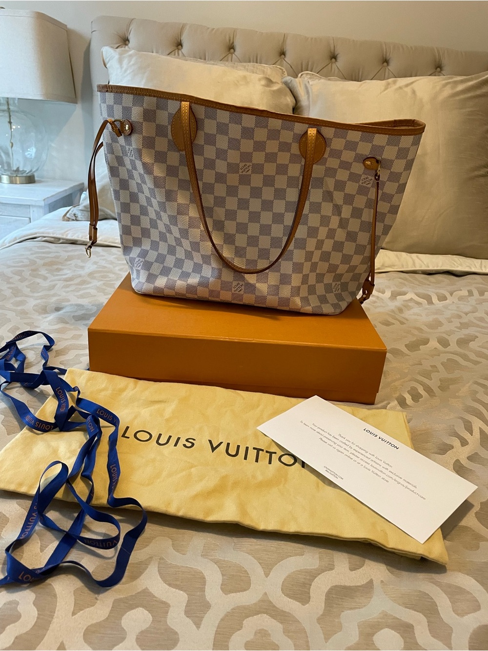 AUTH Louis Vuitton Damier Azur Canvas Neverfull MM Tote - White & Tan & gray - Picture 2 of 16